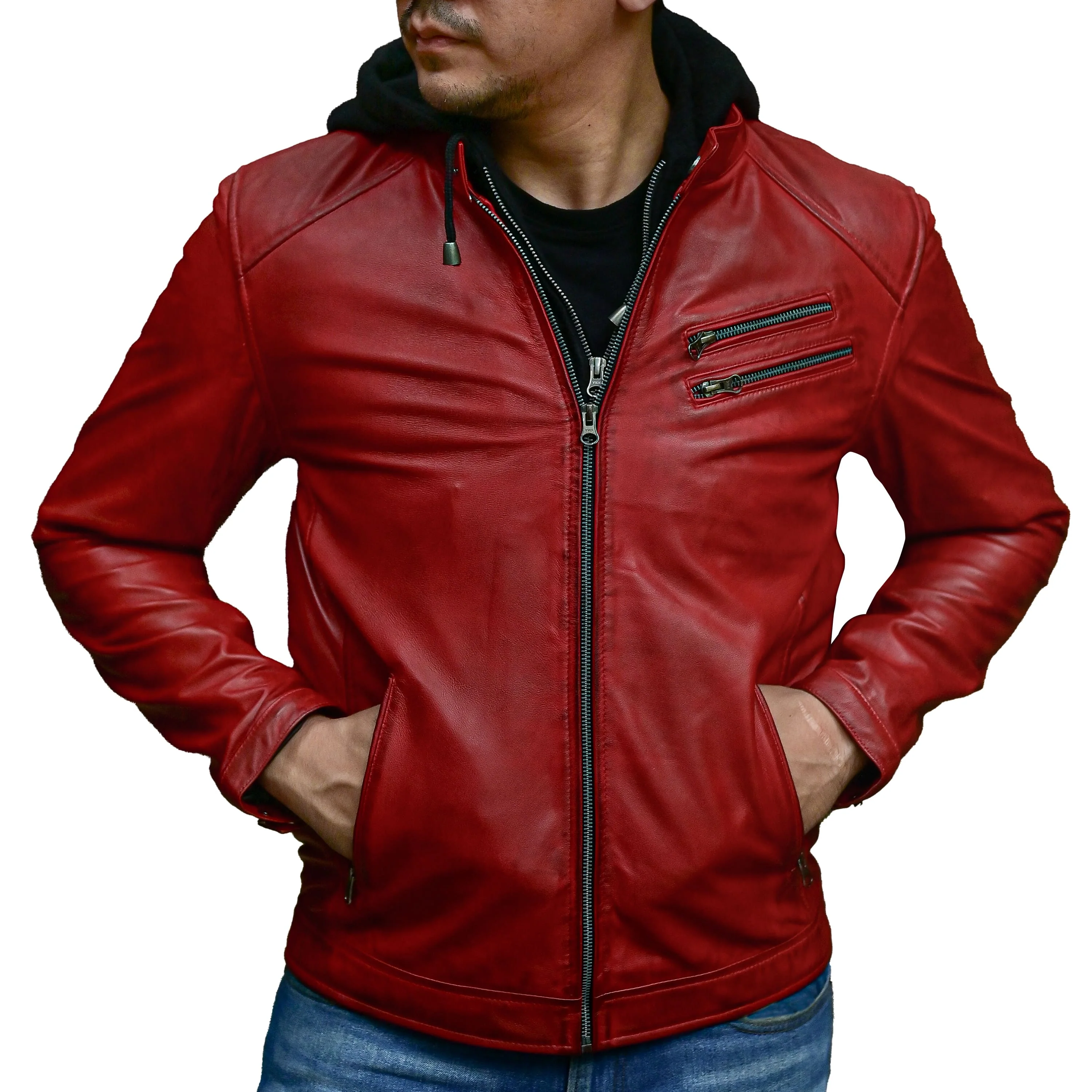 Mens Red Casual Hooded Vintage Leather Jacket with Removable Hood